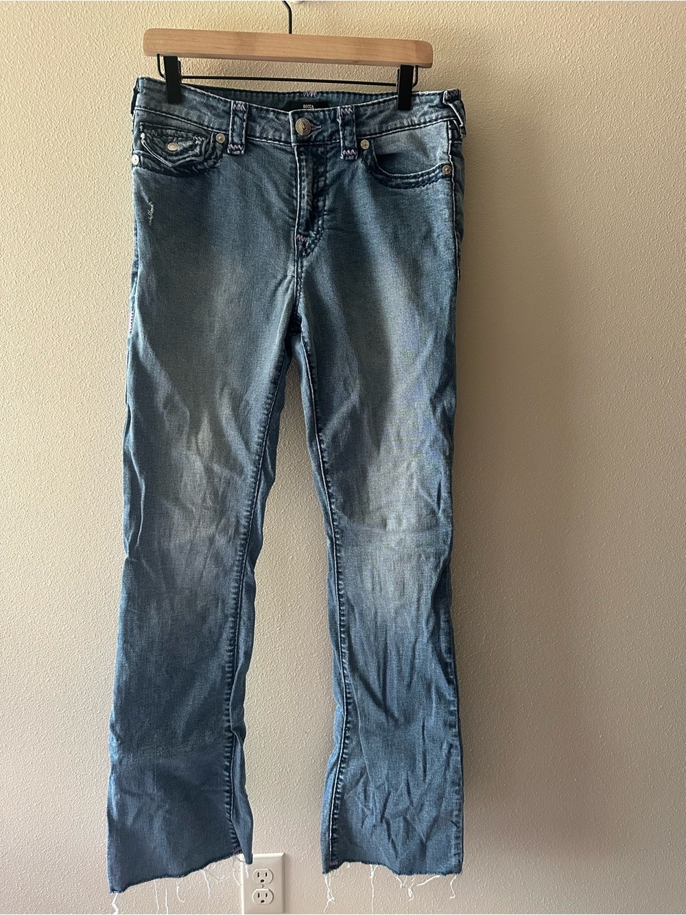 True Religion Becca Super T Stitch Water Dock Bootcut Jeans purple stitch sz 30 - Picture 9 of 11